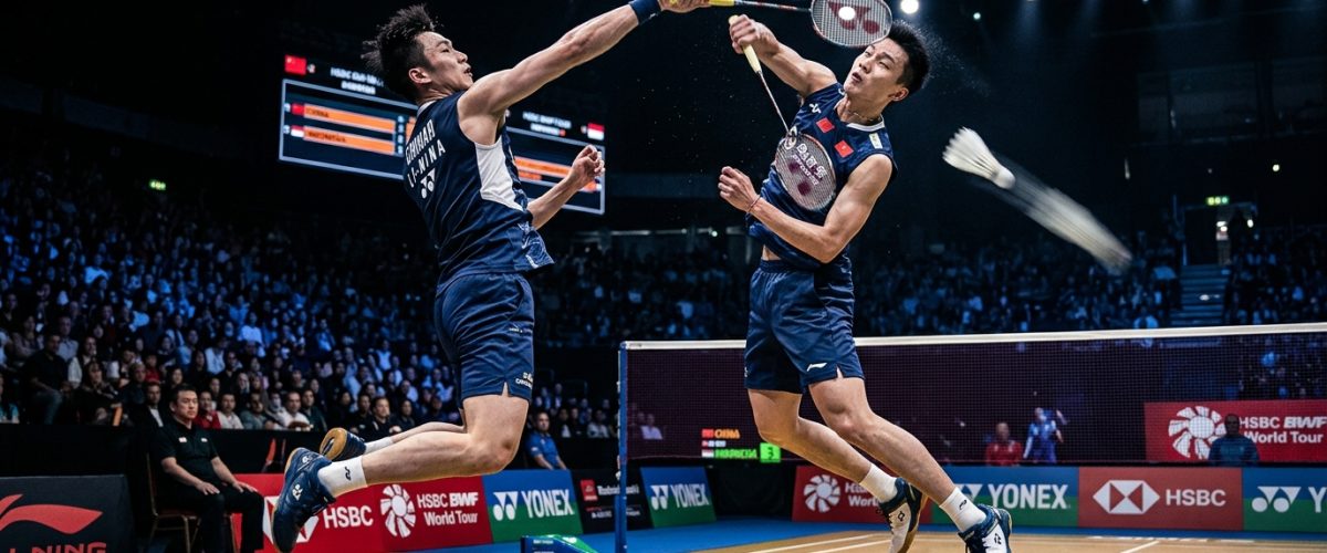 Indian badminton player executing powerful smash on BWF World Tour court