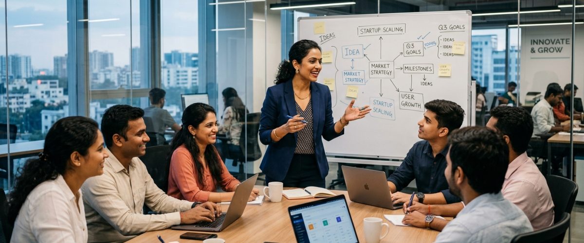 Indian woman startup founder leading team in modern office 2026