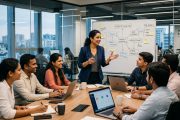 Indian woman startup founder leading team in modern office 2026
