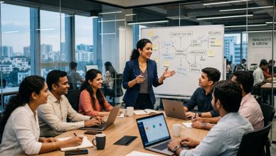 Indian woman startup founder leading team in modern office 2026