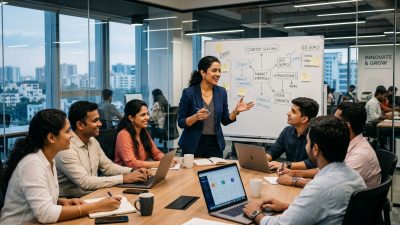 Indian woman startup founder leading team in modern office 2026