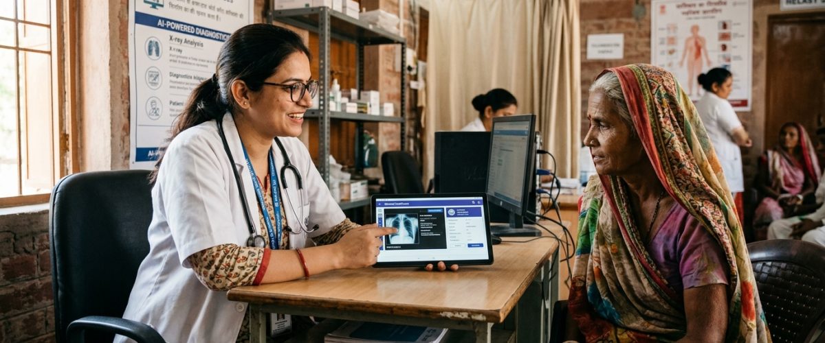 Indian doctor using AI diagnostic tool for rural telemedicine consultation