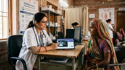 Indian doctor using AI diagnostic tool for rural telemedicine consultation