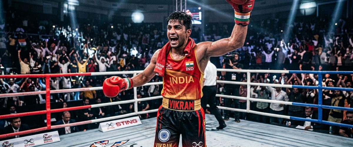 Indian boxer celebrating victory in professional ring with dramatic stadium lights