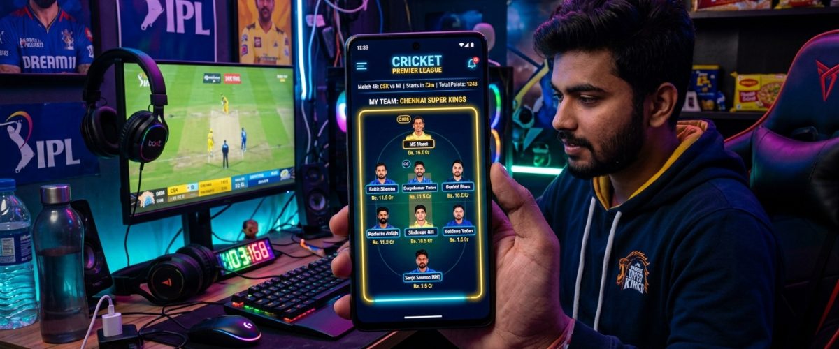 Smartphone showing fantasy cricket team lineup during IPL season with glowing interface