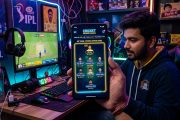 Smartphone showing fantasy cricket team lineup during IPL season with glowing interface