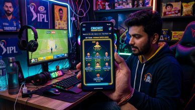 Smartphone showing fantasy cricket team lineup during IPL season with glowing interface