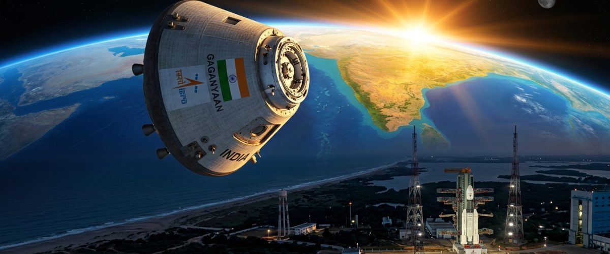 ISRO Gaganyaan crew module capsule against Earth backdrop at Sriharikota launch pad