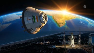 ISRO Gaganyaan crew module capsule against Earth backdrop at Sriharikota launch pad