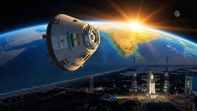 ISRO Gaganyaan crew module capsule against Earth backdrop at Sriharikota launch pad