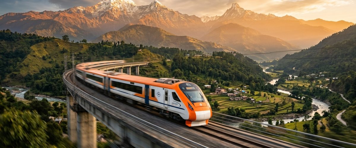 India's bullet train speeding through scenic landscape during golden hour with mountains