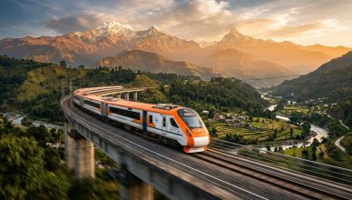 India's bullet train speeding through scenic landscape during golden hour with mountains