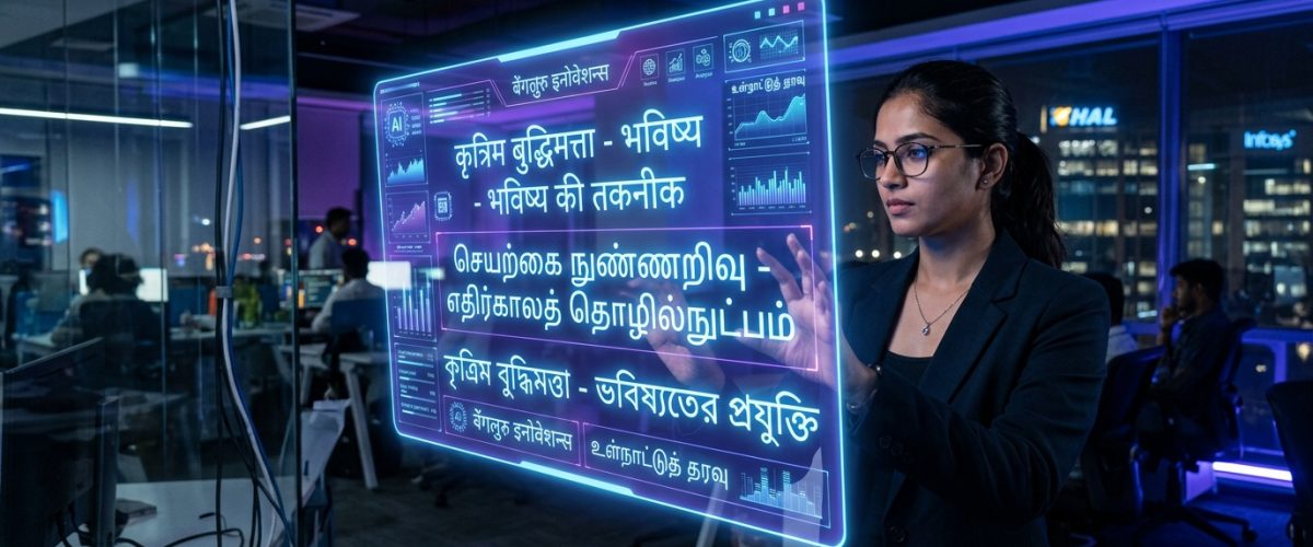 AI interface displaying Indian language scripts on holographic screen in Bangalore tech office