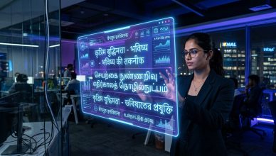 AI interface displaying Indian language scripts on holographic screen in Bangalore tech office