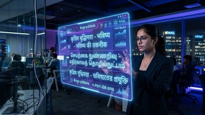 AI interface displaying Indian language scripts on holographic screen in Bangalore tech office