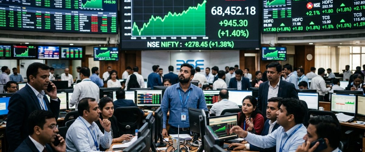 Indian stock exchange trading floor with rising Sensex charts on digital screens