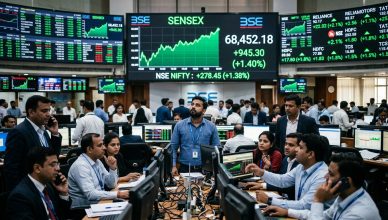 Indian stock exchange trading floor with rising Sensex charts on digital screens