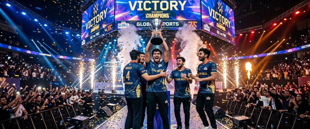 Indian esports team celebrating victory on tournament stage with LED screens and confetti