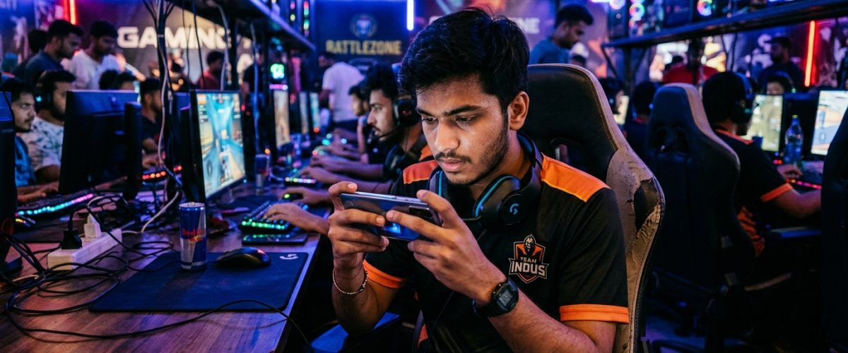 Young Indian gamer playing mobile game on smartphone in competitive setting