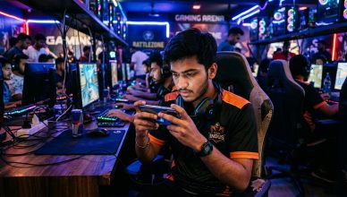 Young Indian gamer playing mobile game on smartphone in competitive setting