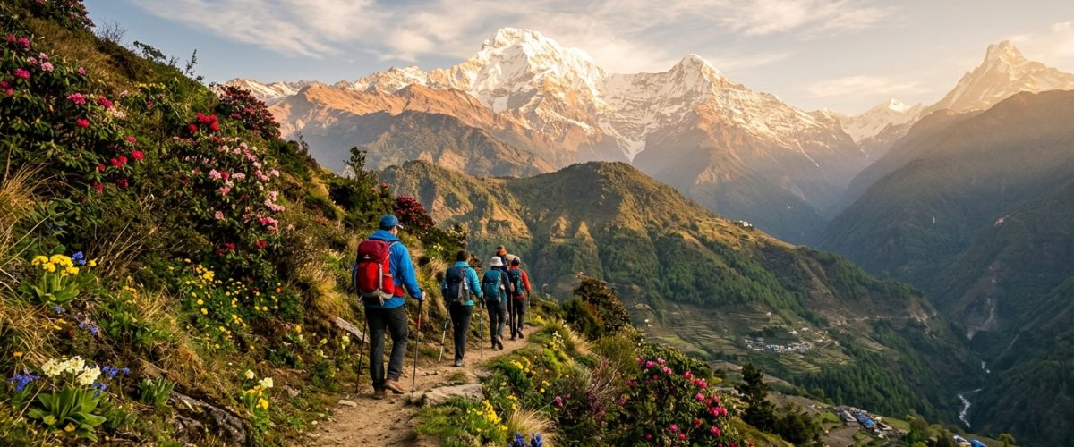 Trekkers on a Himalayan trail during spring 2026 adventure tourism season