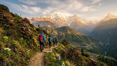 Trekkers on a Himalayan trail during spring 2026 adventure tourism season