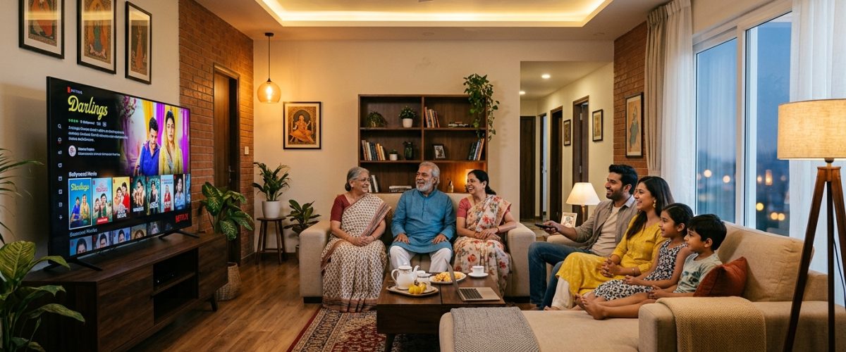 Indian family watching streaming content on a smart television in 2026