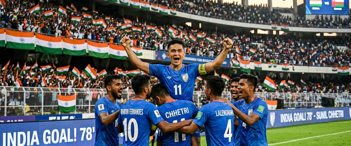 Indian football team celebrating goal in blue jerseys at packed stadium