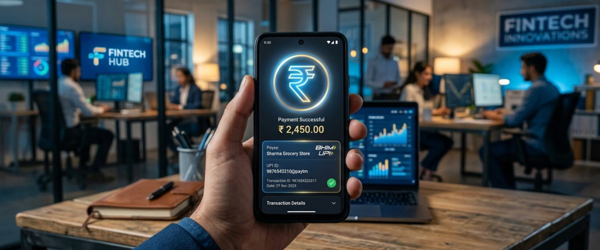 Digital rupee symbol on smartphone with UPI payment interface