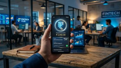 Digital rupee symbol on smartphone with UPI payment interface