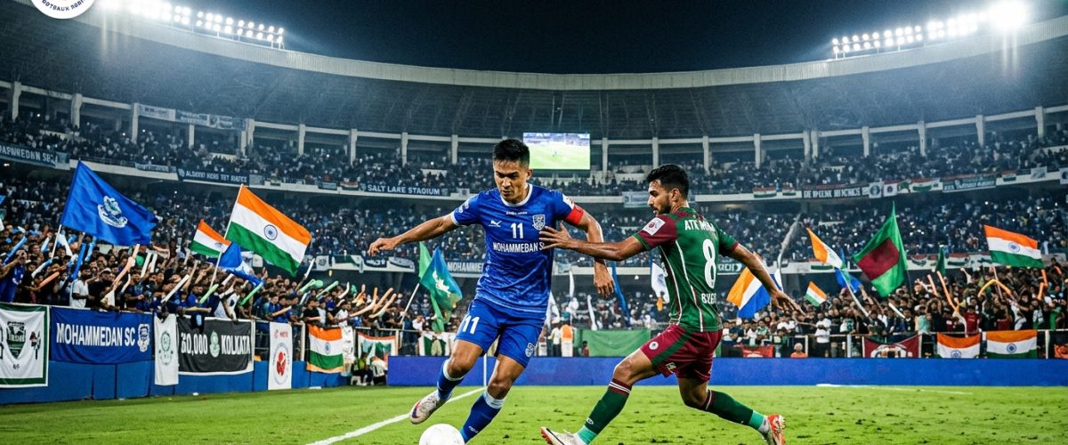 Indian Super League 2025-26 title race graphic showing Mumbai City FC and Mohun Bagan crests