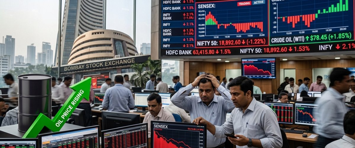 Indian stock market chart showing volatility with oil barrel and downward trend arrows for April 2026