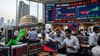 Indian stock market chart showing volatility with oil barrel and downward trend arrows for April 2026