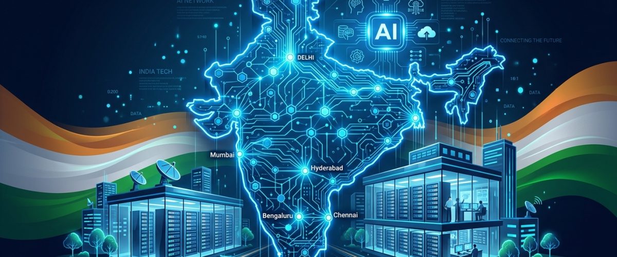 India map with AI circuit patterns and data centre icons representing sovereign AI infrastructure growth