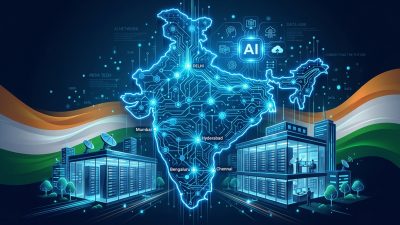 India map with AI circuit patterns and data centre icons representing sovereign AI infrastructure growth