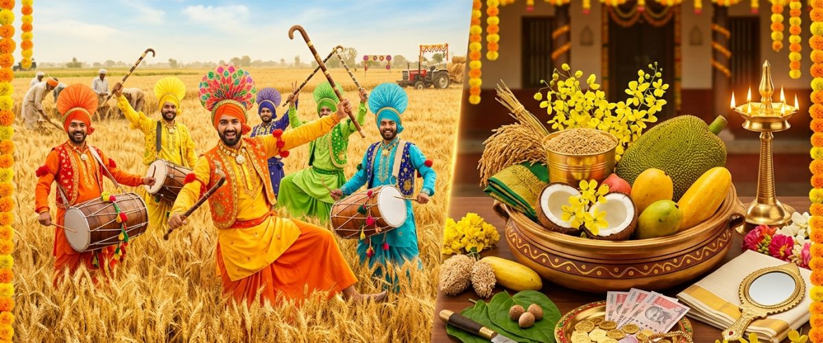Colourful collage of Baisakhi bhangra dancers and Vishu Kani floral arrangement celebrating Indian new year festivals