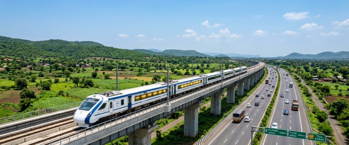 High-speed Indian train on modern tracks with expressway bridge in background representing India transport upgrade