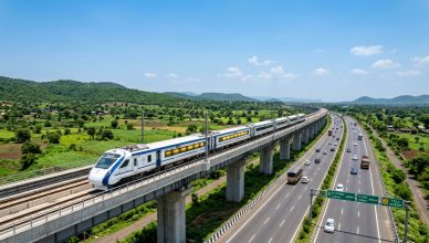 High-speed Indian train on modern tracks with expressway bridge in background representing India transport upgrade