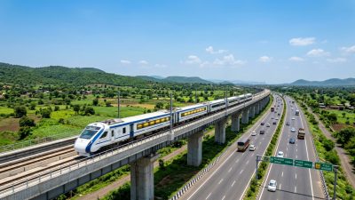 High-speed Indian train on modern tracks with expressway bridge in background representing India transport upgrade