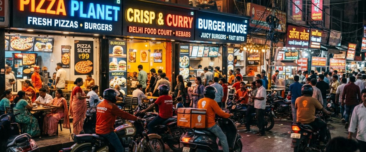 Modern Indian restaurant and food delivery montage showing QSR expansion and cloud kitchen growth in 2026