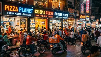 Modern Indian restaurant and food delivery montage showing QSR expansion and cloud kitchen growth in 2026