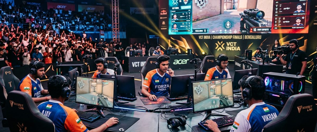 Indian esports athletes at gaming stations with Asian Games 2026 logo and India flag in background