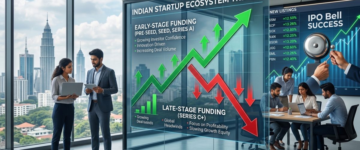 Indian startup ecosystem infographic showing funding trends and IPO growth arrows for FY 2025-26