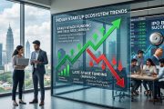 Indian startup ecosystem infographic showing funding trends and IPO growth arrows for FY 2025-26