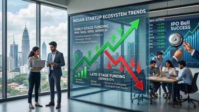 Indian startup ecosystem infographic showing funding trends and IPO growth arrows for FY 2025-26