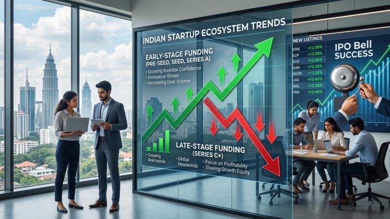 Indian startup ecosystem infographic showing funding trends and IPO growth arrows for FY 2025-26