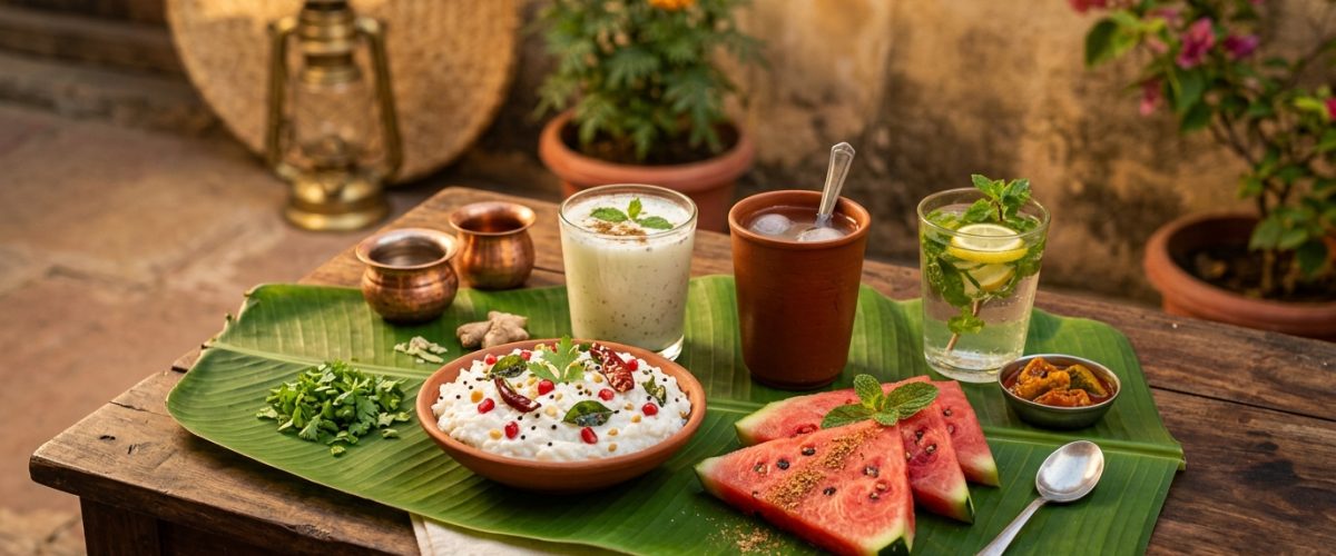 Indian summer cooling foods including curd rice and hydrating drinks for heatwave relief