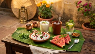 Indian summer cooling foods including curd rice and hydrating drinks for heatwave relief