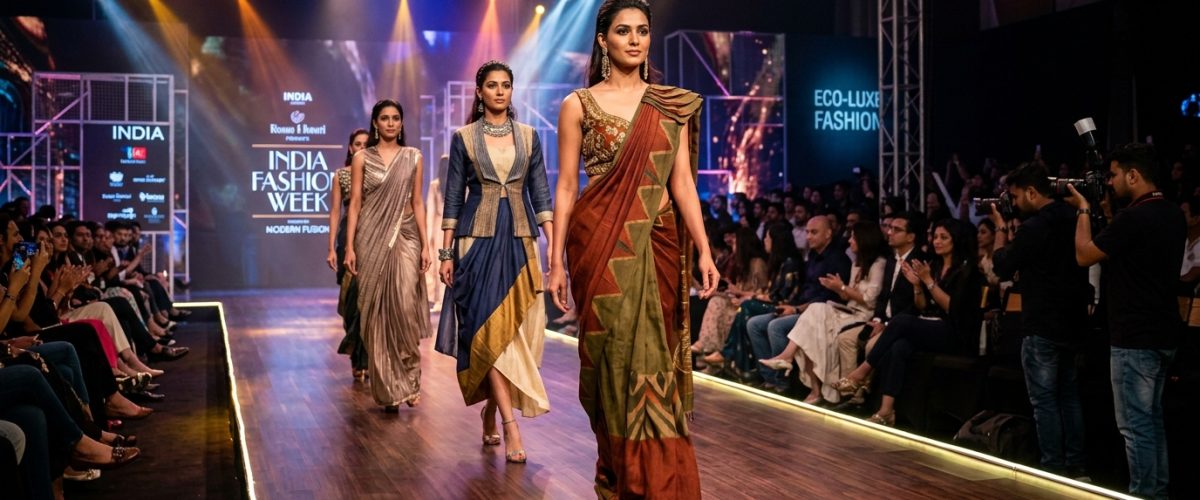 Indian fashion runway showcasing Indo-Western fusion and pre-draped saree trends of 2026