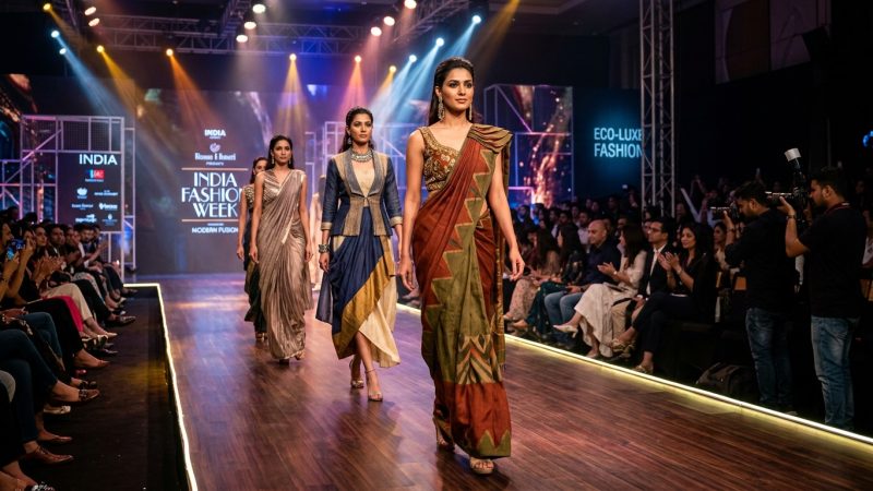 Indian fashion runway showcasing Indo-Western fusion and pre-draped saree trends of 2026